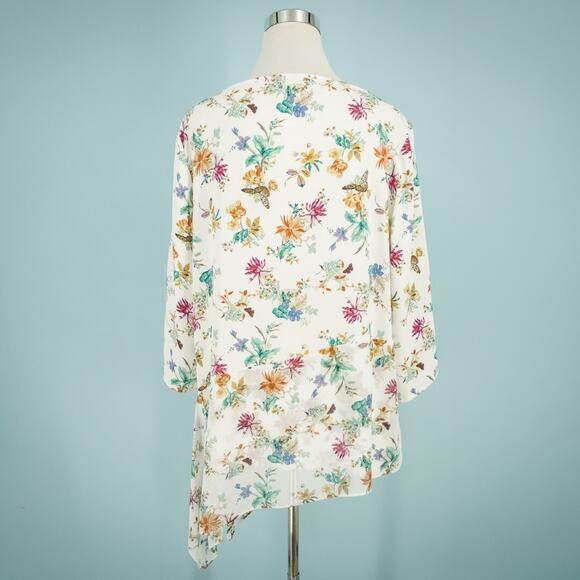 Chico's 3 Size XL Floral Butterfly Print 3/4 Sleeve Asymmetrical Hem Tunic Top - Picture 4 of 7